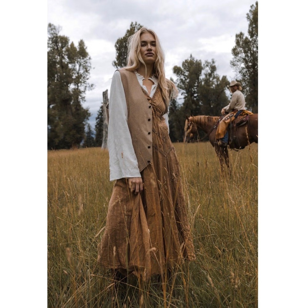 Scully Western Boho Brown Cotton Embroidered Lace Trim Maxi Dress Womens Small
